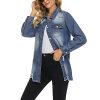 Women Denim Shirt Jacket Long Sleeve Shacket Coat Distressed Washed Ripped Frayed Hem Jean Jacket