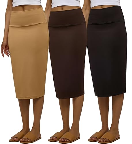 3 Pack: Womens Soft Midi Skirt – High Waisted Pencil Work Office Business Casual Skirts with Back Slit Plus