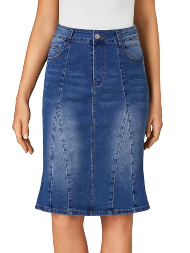 Women's Denim High Waisted Knee Length Pencil Mermaid Stretch Jean Skirt