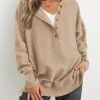 Womens Fashion 2025 Oversized Long Sleeve Hoodie Button Down V Neck Sweatshirt Side Slit Casual Pullover Tops