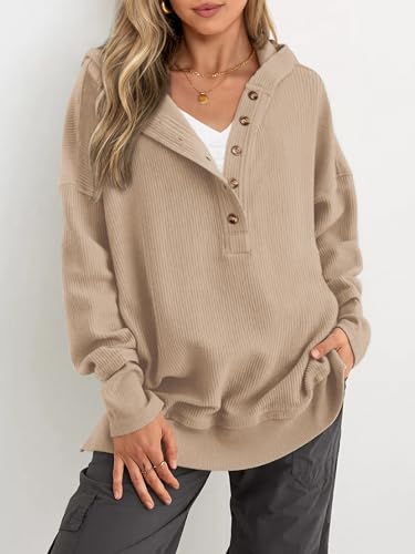 Womens Fashion 2025 Oversized Long Sleeve Hoodie Button Down V Neck Sweatshirt Side Slit Casual Pullover Tops