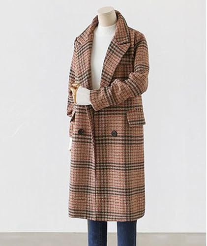 Women's Plaid Trench Coat Oversize Double Breasted Lapel Jacket Mid-Long Winter Pea Coat Overcoat