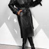 Women's Trench Coat Plus Size Faux Leather Long Classic Motorcycle Jacket Lapel Belted Overcoat