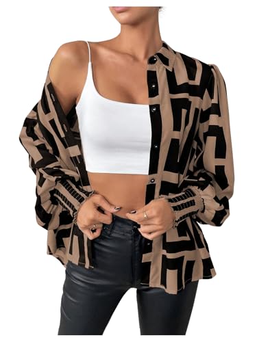 Women's Graphic Print Long Lantern Sleeve Collar Neck Button Front Blouse Shirt Top