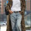 Women's Leopard Print Faux Suede Coat Open Front Notch Lapel Midi Long Winter Trench Coat