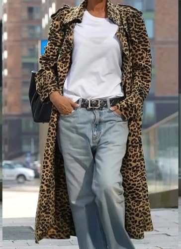 Women's Leopard Print Faux Suede Coat Open Front Notch Lapel Midi Long Winter Trench Coat