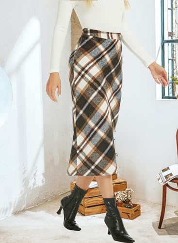 Womens Flannel Plaid Straight Vintage A Line Midi Length Long Pencil Skirt