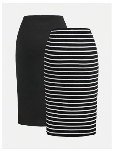 Women's Plus Size 2 Pack Striped Slit Midi Skirts High Waist Pencil Skirt