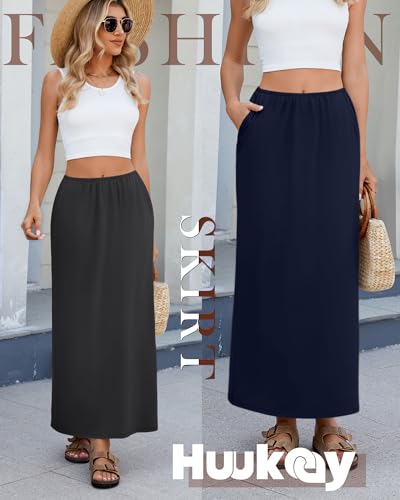 3 Pack Long Maxi Skirts for Women, Back Slit Ankle Length Casual Skirts Elastic Waist Soft Pencil Skirts with Pockets