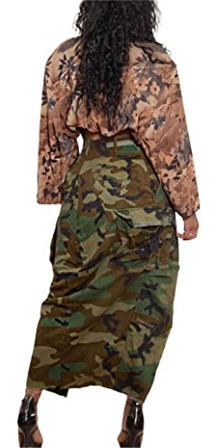 Women Camouflage Skirt Camo Maxi Pencil Skirt Bodycon Button Slit Cargo Skirt with Pocket