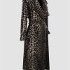 Women Long Oversized Leopard Print Trench Coat Double Breasted Vintage Lapel Outerwear With Belt