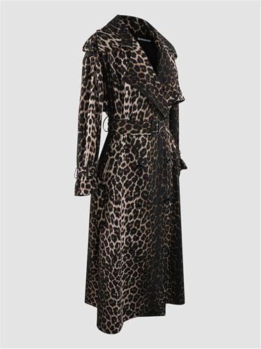 Women Long Oversized Leopard Print Trench Coat Double Breasted Vintage Lapel Outerwear With Belt