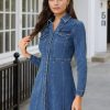 Women's Denim Dress Button Down Collar V Neck Long Sleeve A-line Cotton Jean Dress