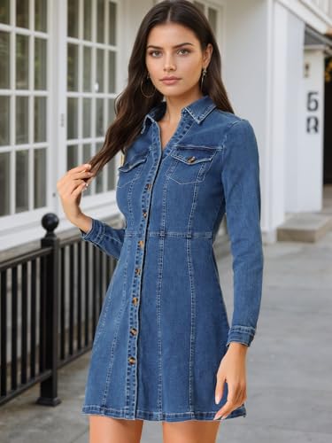 Women's Denim Dress Button Down Collar V Neck Long Sleeve A-line Cotton Jean Dress