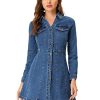 Women's Denim Dress Button Down Collar V Neck Long Sleeve A-line Cotton Jean Dress