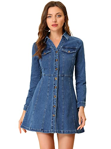 Women's Denim Dress Button Down Collar V Neck Long Sleeve A-line Cotton Jean Dress