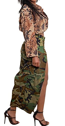 Women Camouflage Skirt Camo Maxi Pencil Skirt Bodycon Button Slit Cargo Skirt with Pocket