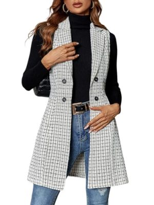 Women's Tweed Plaid Long Blazer Vest Sleeveless Trendy Fall Business Casual Dressy Work Blazer Jackets 2025