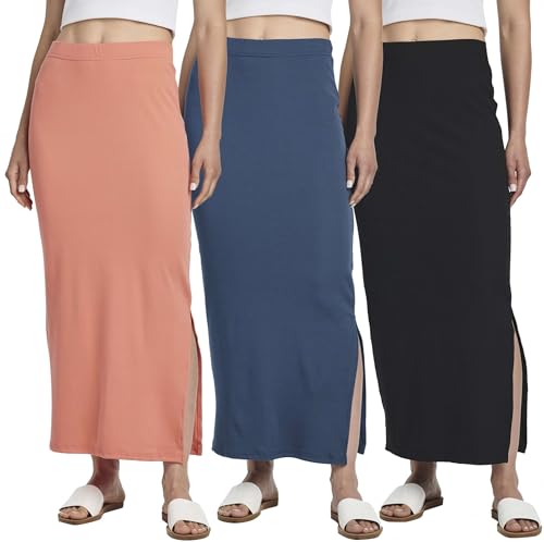 3 Pack: Women's Ribbed High Waisted Maxi Skirt with Side Slit - Casual Long Pencil Skirt
