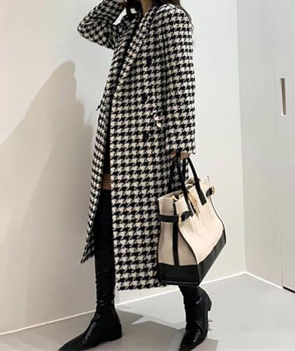 Women's Houndstooth Trench Coat Notch Lapel Double Breasted Quilted Lined Long Jacket Overcoat Pea Coat