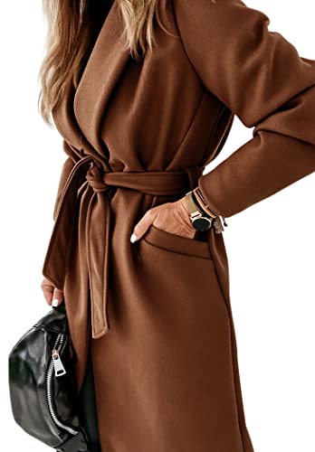 Womens Classic Coat Lapel Collar Open Front Belted Long Jacket