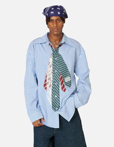 Button Down Shirts Unisex Necktie Print Stripe Long Sleeve Shirt Casual Streetwear Shirts