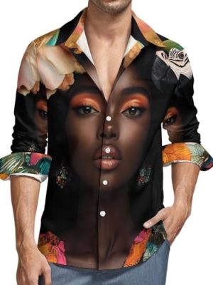 African USA Woman Mens Long Sleeve Shirt Casual Button Down Dress Shirts