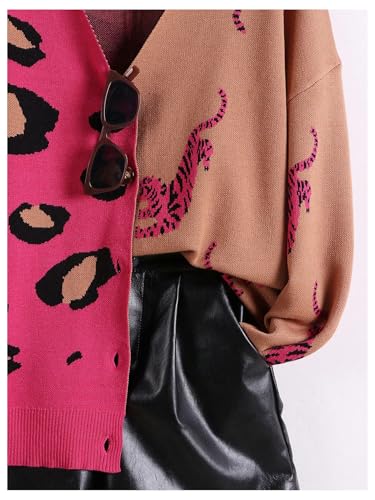 Women's Leopard Tiger Print Cardigan V Neck Long Sleeve Color Block Button Down Sweater Outwear