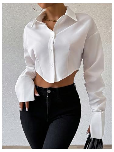 Women's Cropped Button Down Shirts Long Sleeve Collared Crop Tops Office Work Business Outfits