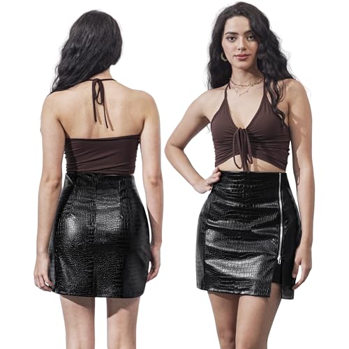 Women's Leather Mini Skirt Stretchy High Waisted Zipper Slit Faux Pleather Bodycon Short Pencil Skirt