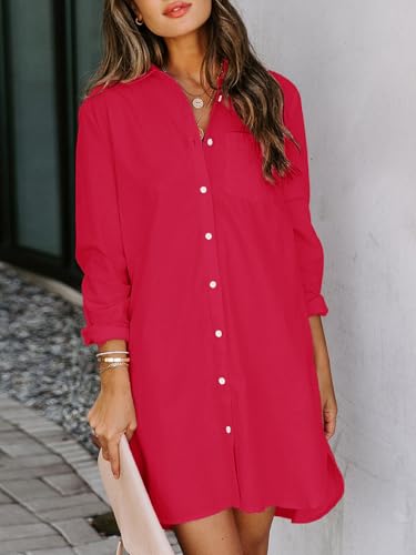Womens Button Down Shirt Dresses with Pockets Cotton Button Up Tunics Long Sleeve Solid High Low Blouse Tops