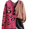 Women's Leopard Tiger Print Cardigan V Neck Long Sleeve Color Block Button Down Sweater Outwear