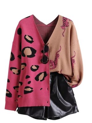 Women's Leopard Tiger Print Cardigan V Neck Long Sleeve Color Block Button Down Sweater Outwear