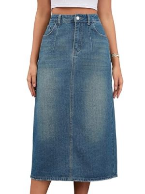 Women's Denim Skirt High Waisted Split Back Pockets Casual Pencil Midi Jean Skirts