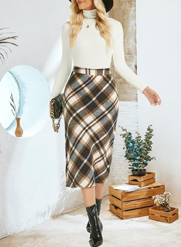 Womens Flannel Plaid Straight Vintage A Line Midi Length Long Pencil Skirt