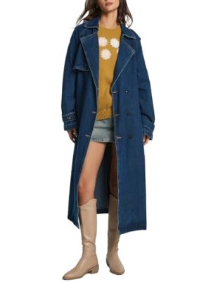Women's Lapel Denim Trench Coat Long Sleeve Double Midi Classic Breasted Jackets With Belt