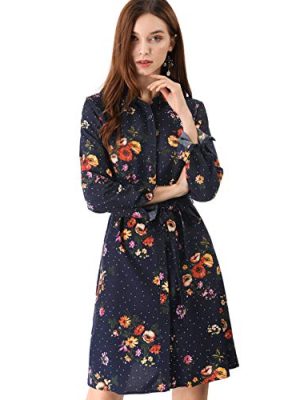 Women's Button Down Vintage Polka Dots Dresses Collar Tie Belted Floral Shirt Dress
