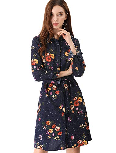 Women's Button Down Vintage Polka Dots Dresses Collar Tie Belted Floral Shirt Dress