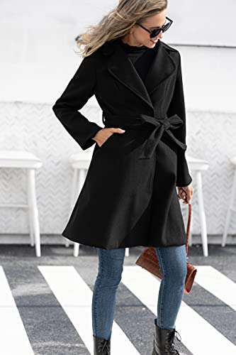Women A Line Peacoat Dress Coat Belted Notch Lapel Overcoat Fall Winter Trench Coats
