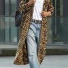 Women's Leopard Print Faux Suede Coat Open Front Notch Lapel Midi Long Winter Trench Coat