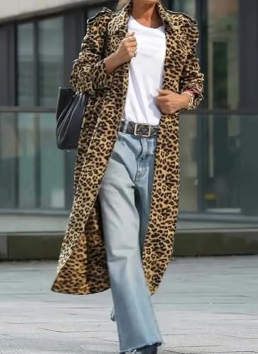 Women's Leopard Print Faux Suede Coat Open Front Notch Lapel Midi Long Winter Trench Coat