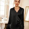 Women's Satin Silk Blouses Wrap V Neck Shirts Long Sleeve Elegant Tie Waist Office Formal Work Tunic PulloverTops