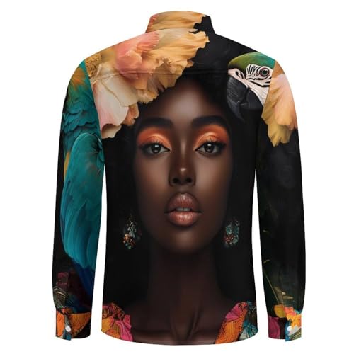 African USA Woman Mens Long Sleeve Shirt Casual Button Down Dress Shirts