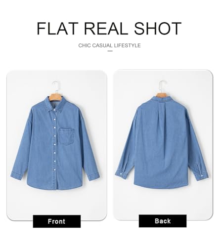 Women Denim Shirts Button Down Blouse V Neck Casual Tops