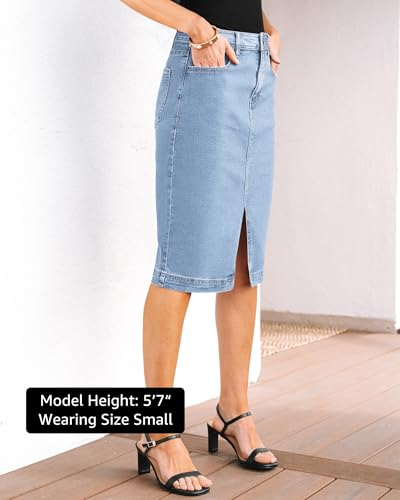 Jean Skirts for Women Denim Trendy Summer Casual Stretchy High Waisted Midi Below Knee Pencil Skirt with Slit