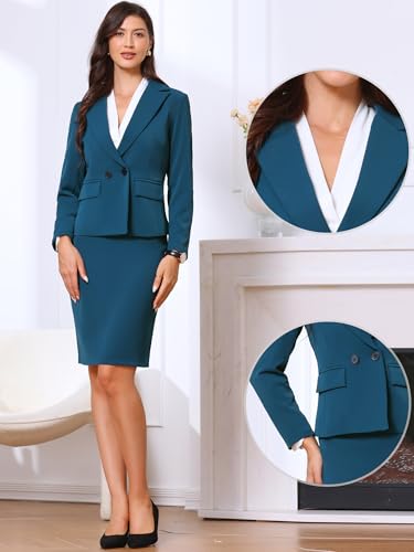 2 Piece Suit Skirt Set for Women's Business Double Breasted Blazer and Pencil Skirt Outfits