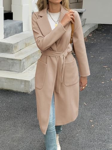 Womens Long Pea Coats Open Front Lapel Jackets Casual Belted Trench Coat Overcoats with Pockets