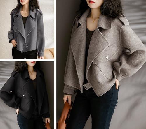 Women Cropped Wool Coats Notched Lapel Pea Coat Open Front Trench Overcoat Jackets with Pockets