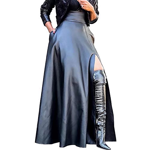 Womens High Waisted Sexy Pu Leather Vintage High Split A-Line Swing Long Skirt with Pockets