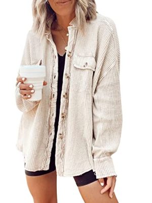Women's Loose Fit Batwing Sleeve Waffle Knit Button Down Shirt Shacket Tops
